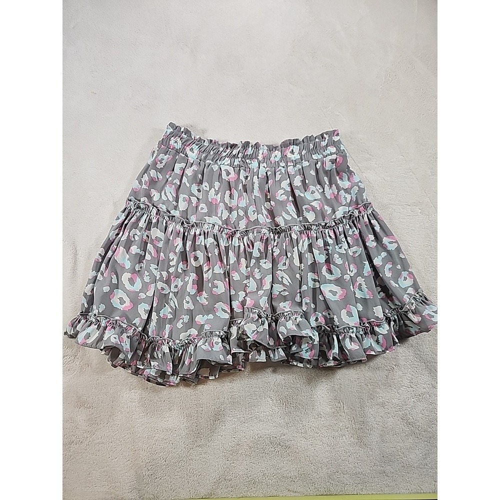 Adrienne grey tiered mini skirt with a multi-colored‎ leopard print pattern,